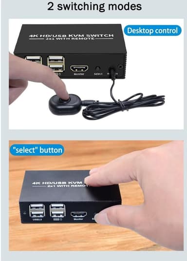 NÖRDIC KVM Switch 2 till 1 HDMI 2.0 4K60Hz för PC, Xbox, PS5 och bärbar med 4xUSB portar