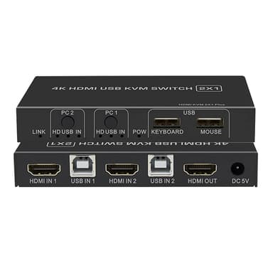 NÖRDIC KVM Switch 2 till 1 HDMI 2.0 4K60Hz för PC, Xbox, PS5 och bärbar med 4xUSB portar