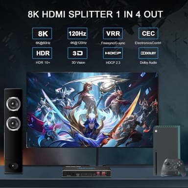NÖRDIC 1 till 4 HDMI 2.1 Splitter 8K 60Hz 4K120Hz VRR Free-/G-Sync CEC, S/PDIF Extractor