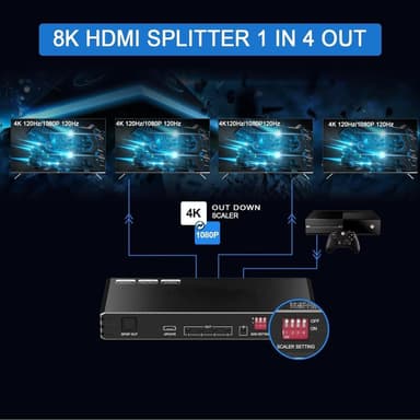 NÖRDIC 1 till 4 HDMI 2.1 Splitter 8K 60Hz 4K120Hz VRR Free-/G-Sync CEC, S/PDIF Extractor