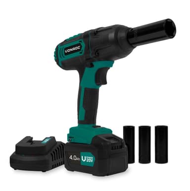 VONROC Batteridriven mutterdragare 20V – 4 inställningar: 100/200/300/400Nm –4 hylsor – Lämplig för däckbyte - Inkl. 4.0Ah batteri och snabbladdare