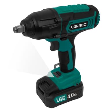 VONROC Batteridriven mutterdragare 20V – 4 inställningar: 100/200/300/400Nm –4 hylsor – Lämplig för däckbyte - Inkl. 4.0Ah batteri och snabbladdare