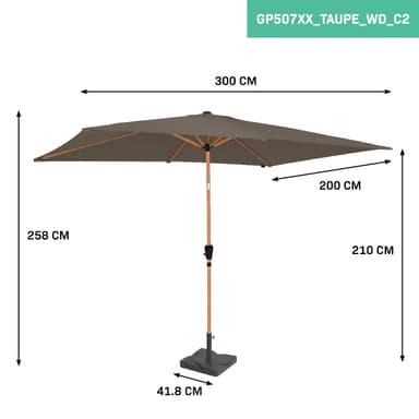 VONROC Premium parasoll Rapallo 200x300cm - Inkl. parasollfot & parasollöverdrag - rektangulärt parasoll - Tiltbart - Träimitation - Taupe