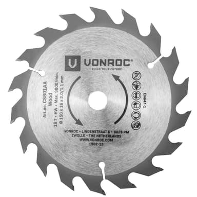 VONROC Cirkelsågblad 150 x 16mm – 18T | För trä – Universal
