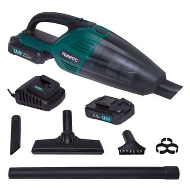 VONROC Kraftfull batteridriven dammsugare 20V – 2.0Ah | 2st batterier och snabbladdare