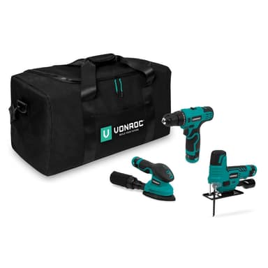VONROC Verktygsset 12V | Inkl. 3 maskiner, 3st batterier och verktygsväska