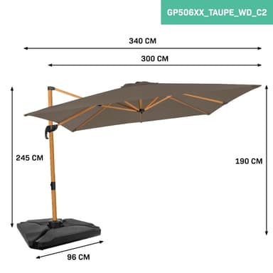 VONROC Premium hängparasoll Pisogne 300x300cm - Inkl. parasollplattor & parasollöverdrag - Fyrkantigt - 360° vridbart - Tiltbart – Träimitation -Taupe