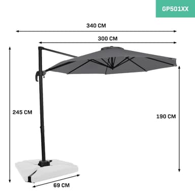 VONROC Premium hängparasoll Bardolino Ø300cm - Inkl. parasollöverdrag - Runt parasoll - 360° vridbart - Tiltbart - UV-resistent duk - Grå