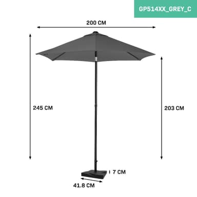 VONROC Premium parasoll Torbole Ø200cm - Inkl. parasollfot &  parasollöverdrag - Runt parasoll - UV-beständig duk - Grå