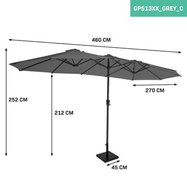 VONROC Premium parasoll Iseo 460x270cm - Inkl. parasollfot & parasollöverdrag - dubbelsidigt parasoll - UV-resistent duk - Grå
