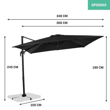 VONROC Premium hängparasoll parasoll Pisogne 300x300cm - Inkl. parasollöverdrag - Fyrkantigt - 360° vridbart - Tiltbart - UV-beständig duk - Svart
