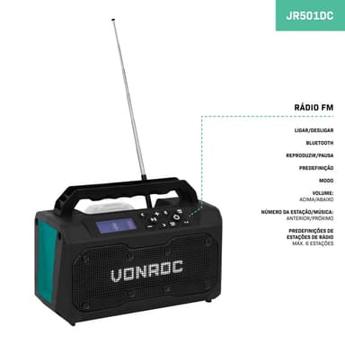VONROC Arbetsradio 20V – FM, Bluetooth & USB | Exkl. batteri och snabbladdare