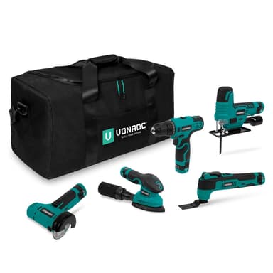 VONROC Verktygsset 12V | Inkl. 5 maskiner, 5st batterier och verktygsväska