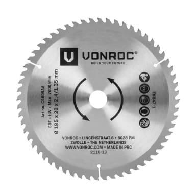 VONROC Cirkelsågblad 185 x 20mm – 60T - lämplig för laminat  | Universal