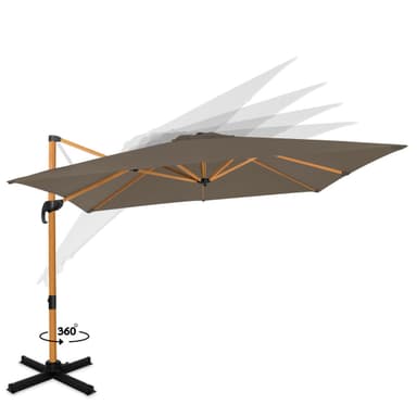 VONROC Premium hängparasoll Pisogne 300x300cm - Inkl. parasollöverdrag - Fyrkantigt - 360° vridbart - Tiltbart – Träimitation -Taupe