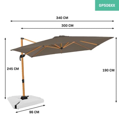 VONROC Premium hängparasoll Pisogne 300x300cm - Inkl. parasollöverdrag - Fyrkantigt - 360° vridbart - Tiltbart – Träimitation -Taupe
