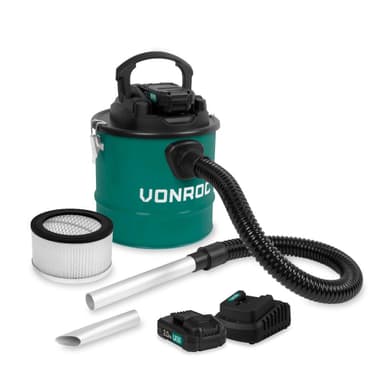 VONROC Batteridriven askdammsugare  20V – 2.0Ah – 12L tank | Inkl. 2 Batterier och snabbladdare