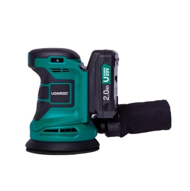 VONROC Excentrisk slipmaskin 20V – 2.0Ah | Inkl. 2 Batterier och snabbladdare