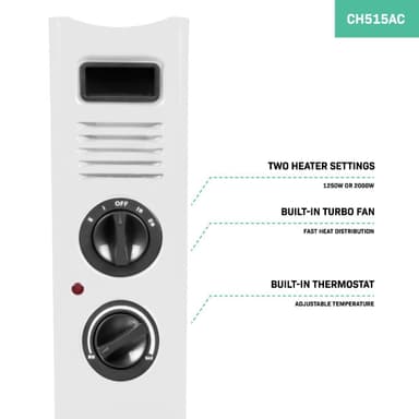 VONROC Konvektorelement – 2000W – Vit | Turbofläkt & två värmeinställningar
