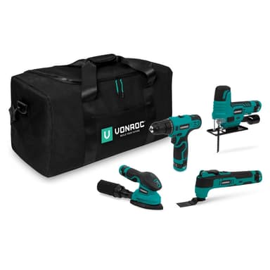 VONROC Verktygsset 12V | Inkl. 4 maskiner, 4st batterier och verktygsväska