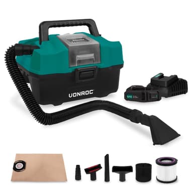 VONROC Bärbar dammsugare 20V – 2.0Ah | Inkl. Tillbehör, 2x batterier och snabbladdare