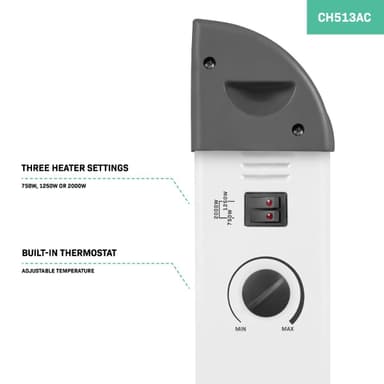 VONROC Konvektorelement – 2000W – Vit | Justerbar termostat