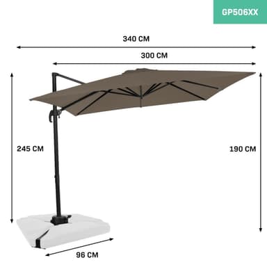 VONROC Premium hängparasoll parasoll Pisogne 300x300cm - Inkl. parasollöverdrag - Fyrkantigt - 360° vridbart - Tiltbart - UV-beständig duk - Taupe