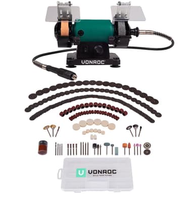 VONROC Bänkslipmaskin 150W – 75mm med flexibel axel och 192 tillbehör