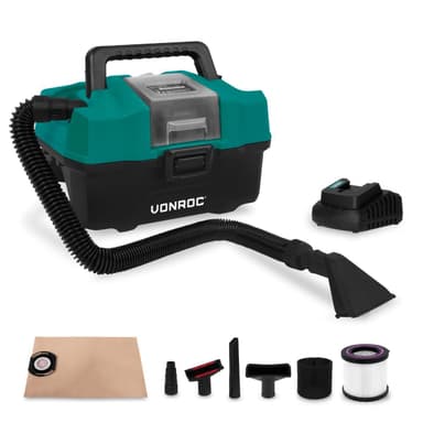 VONROC Bärbar dammsugare 20V – 4.0Ah | Inkl. Tillbehör, batteri och snabbladdare