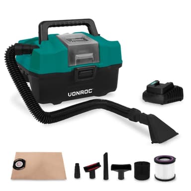 VONROC Bärbar dammsugare 20V – 2.0Ah | Inkl. Tillbehör,  batteri och snabbladdare