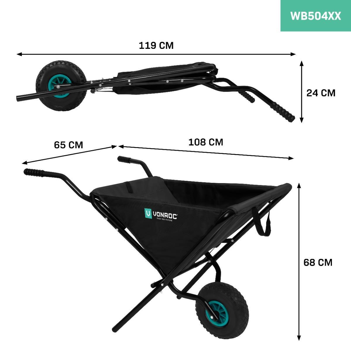 VONROC Hopfällbar skottkärra 50 liter | 30 kg. lastkapacitet