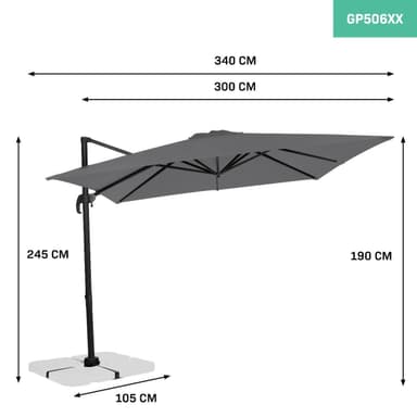 VONROC Premium hängparasoll parasoll Pisogne 300x300cm - Inkl. parasollöverdrag - Fyrkantigt - 360° vridbart - Tiltbart - UV-beständig duk - Grå