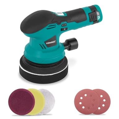 VONROC Polermaskin 12V- Ø 125mm | Inkl. Batteri, USB-C-kabel, 4 polerskivor och sandpapper