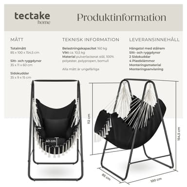 tectake Hängstol Alison, boho-stil, bärkapacitet 160kg - svart