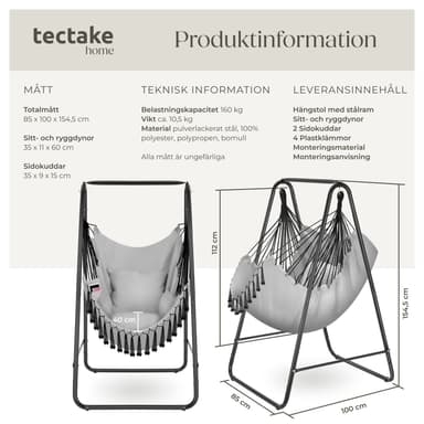 tectake Hängstol Alison, boho-stil, bärkapacitet 160kg - grå