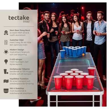 tectake Beerpongbord BeerWars I, LED-belysning, inkl. kortspel - flerfärgad
