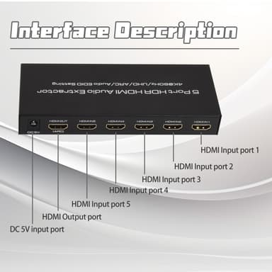 HDMI switch 5 in 1 out, 4K 60Hz med ARC audio extractor HDMI 2.0 HDR o