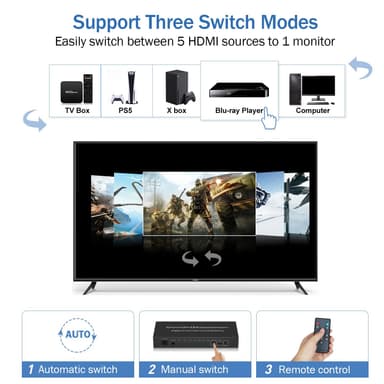 HDMI switch 5 in 1 out, 4K 60Hz med ARC audio extractor HDMI 2.0 HDR o