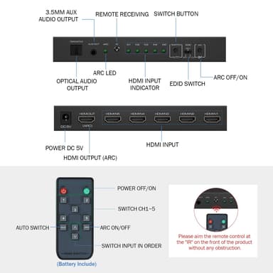 HDMI switch 5 in 1 out, 4K 60Hz med ARC audio extractor HDMI 2.0 HDR o
