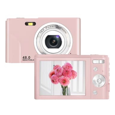 Digitalkamera 48 MP, 1080p FHD, 16x zoom, 32GB minneskort Rosa