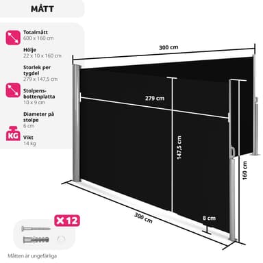 tectake Sidomarkis dubbel i Aluminium - 160 x 600 cm, svart