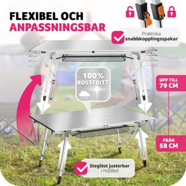 tectake Campingbord i aluminium, höj- och sänkbart, hopfällbart - silver