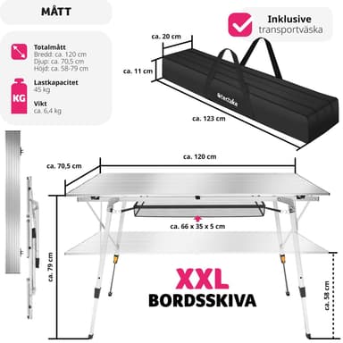 tectake Campingbord i aluminium, höj- och sänkbart, hopfällbart - silver