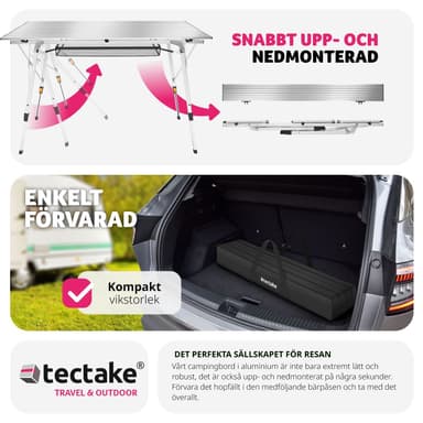 tectake Campingbord i aluminium, höj- och sänkbart, hopfällbart - silver
