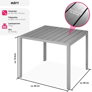 tectake Trädgårdsbord i aluminium Maren höjdjusterbara fötter 90x90x74,5cm - silver