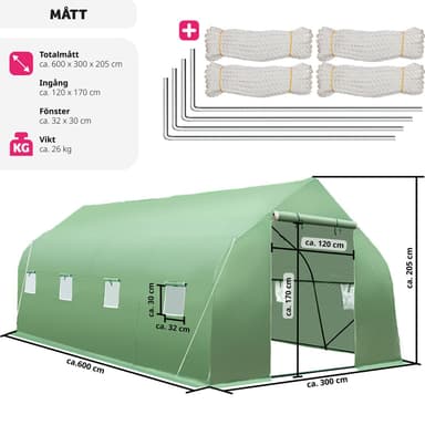 tectake Plastväxthus tält med 8 fönster 600x300x205cm - grön