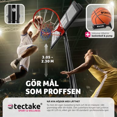 tectake Basketkorg Dirk, höjd 230 - 305 cm, inkl. boll & pump - svart