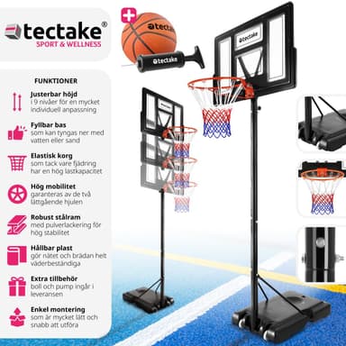 tectake Basketkorg Dirk, höjd 230 - 305 cm, inkl. boll & pump - svart