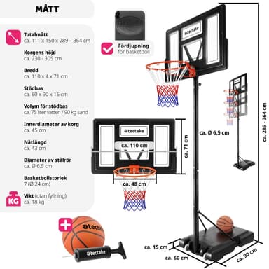 tectake Basketkorg Dirk, höjd 230 - 305 cm, inkl. boll & pump - svart
