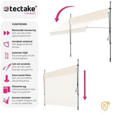 tectake Spännmarkis och soltak med handvev, höjdjusterbar - 300 x 180 cm, beige